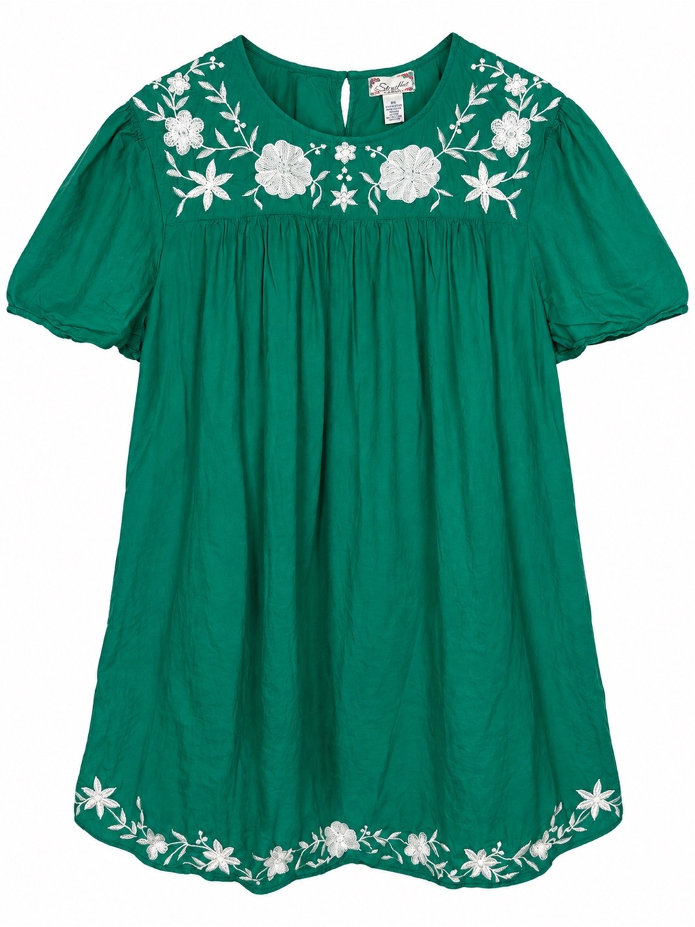 Studio West Green Embroidered Tunic Top 2X Cotton Boho Floral Short Sleeve